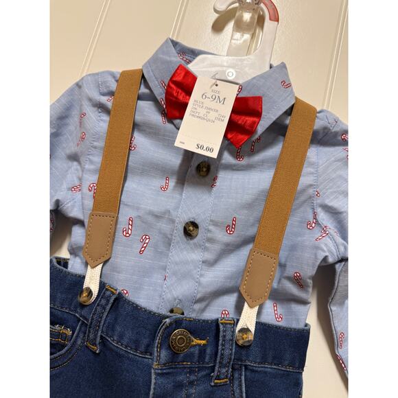 NWT Cat & Jack outfit Jeans Suspenders bow tie & candy cane jean shirt 6-9 M - Picture 4 of 4